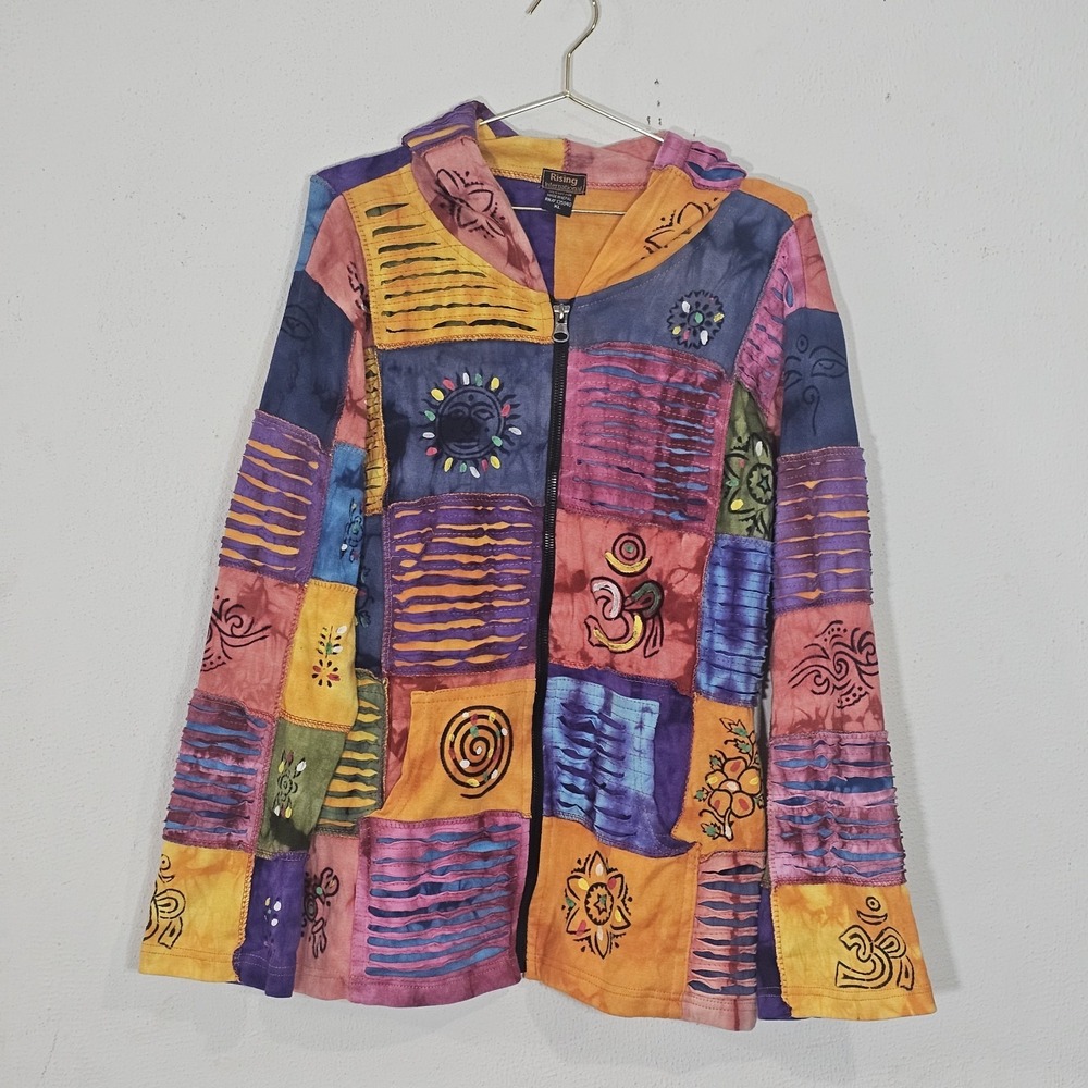 Rising International Hoodie Jacket Sz XL Multicolor Boho Hippie Patchwork Sun